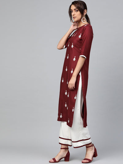 Maroon Embroidered Rayon Suit Set - Libas