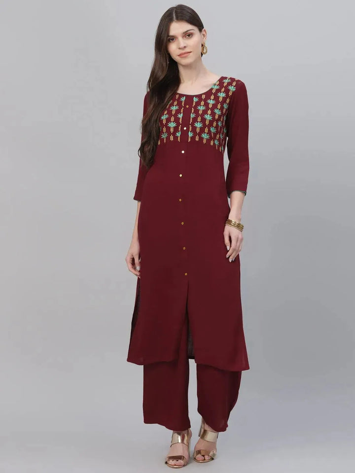 Maroon Embroidered Rayon Kurta Set - Libas