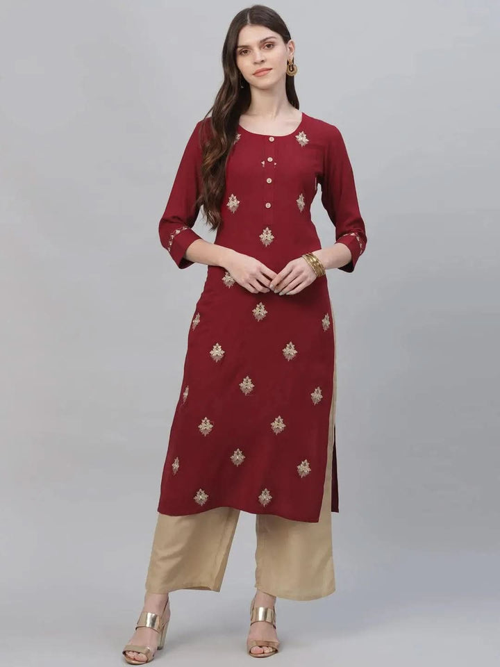 Maroon Embroidered Rayon Kurta Set - Libas