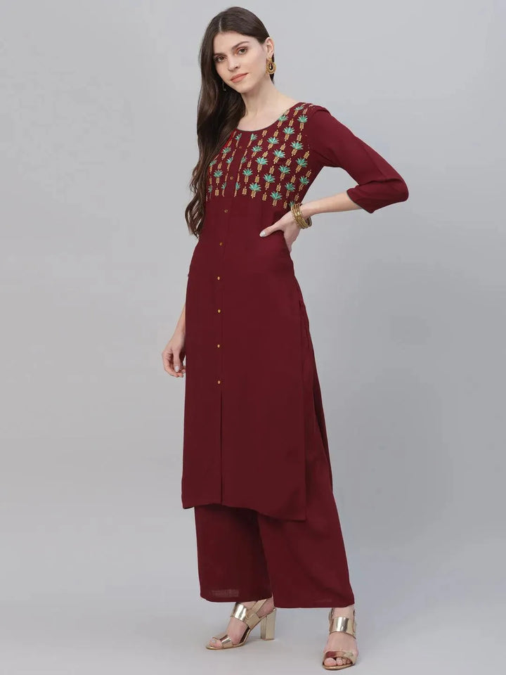 Maroon Embroidered Rayon Kurta Set - Libas