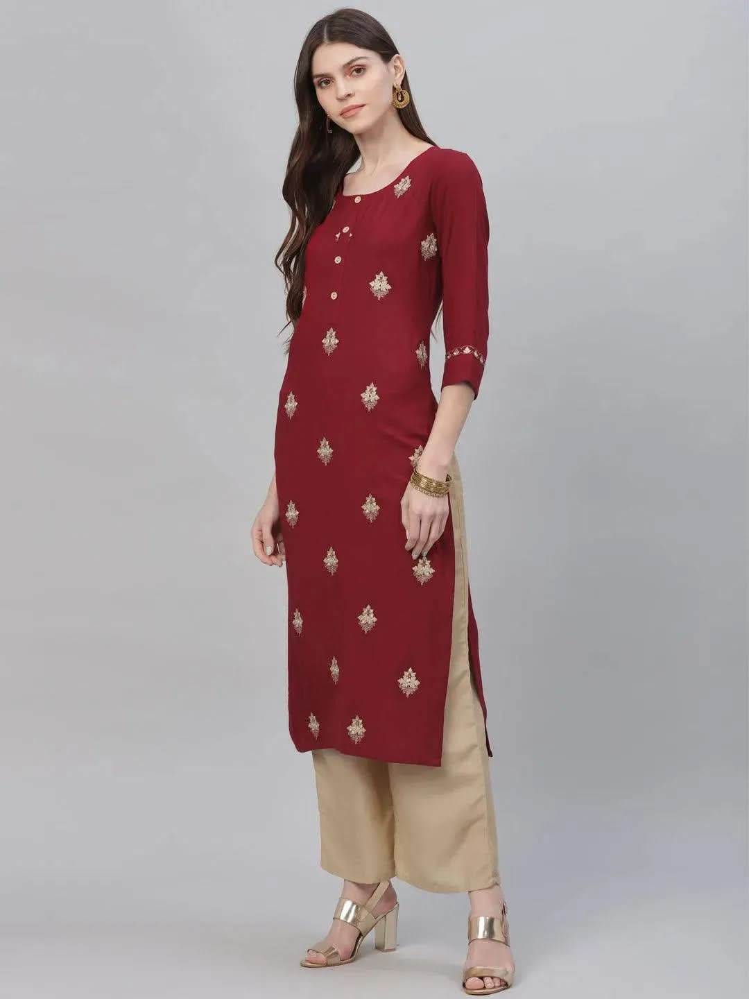 Maroon Embroidered Rayon Kurta Set - Libas 