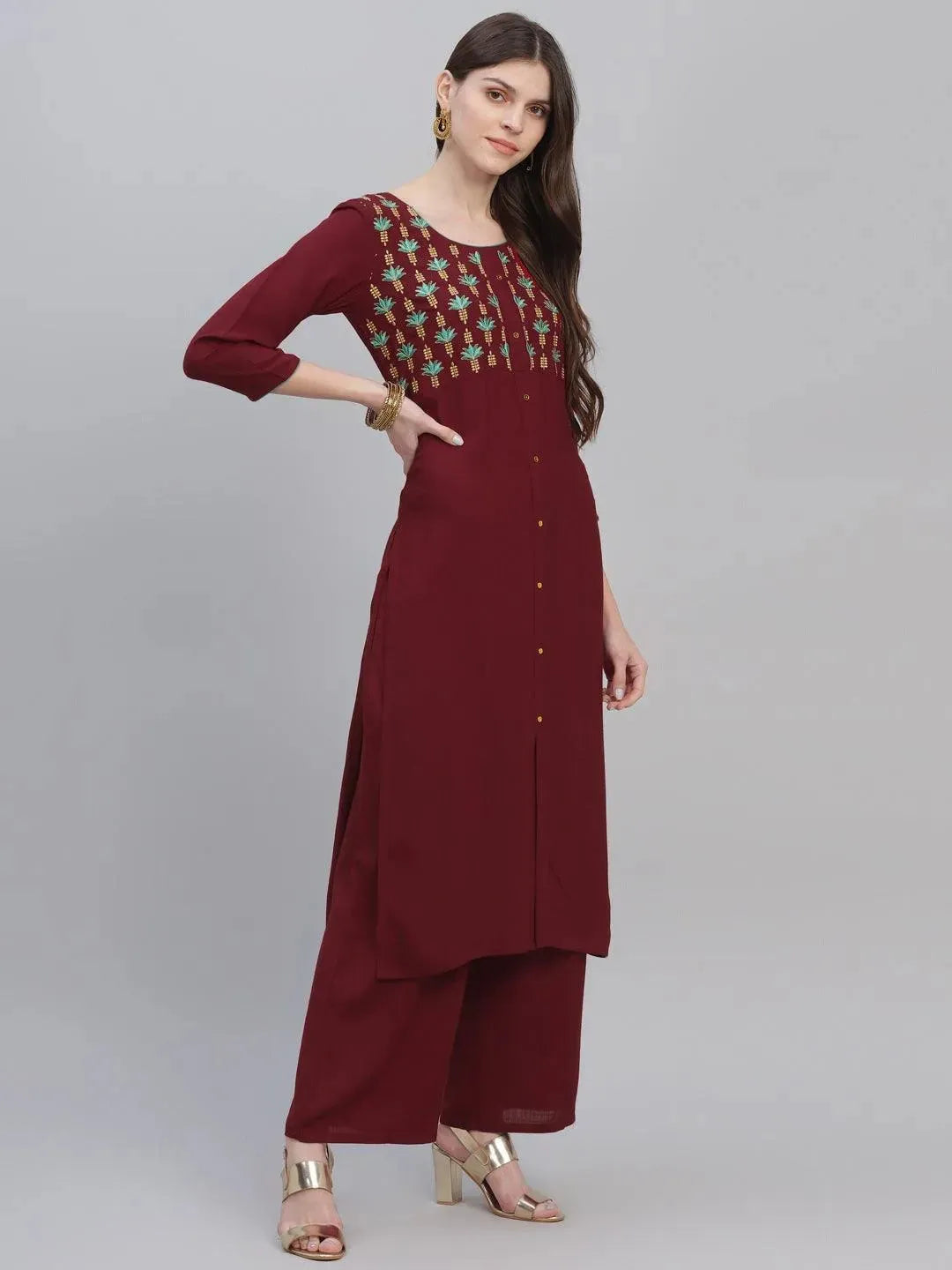 Maroon Embroidered Rayon Kurta Set - Libas 
