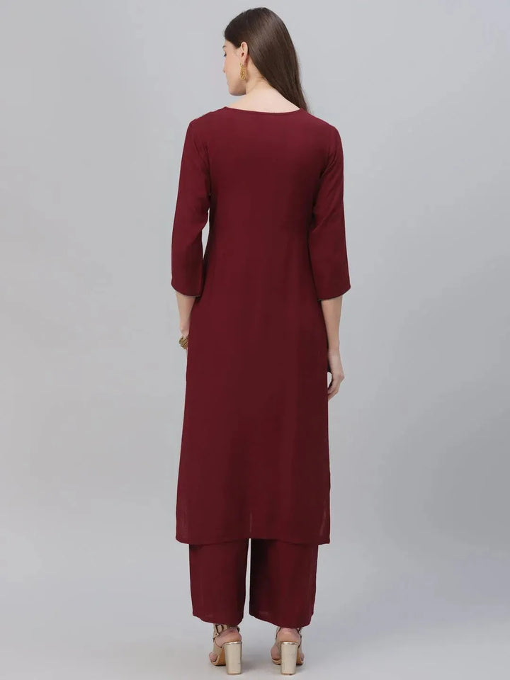 Maroon Embroidered Rayon Kurta Set - Libas