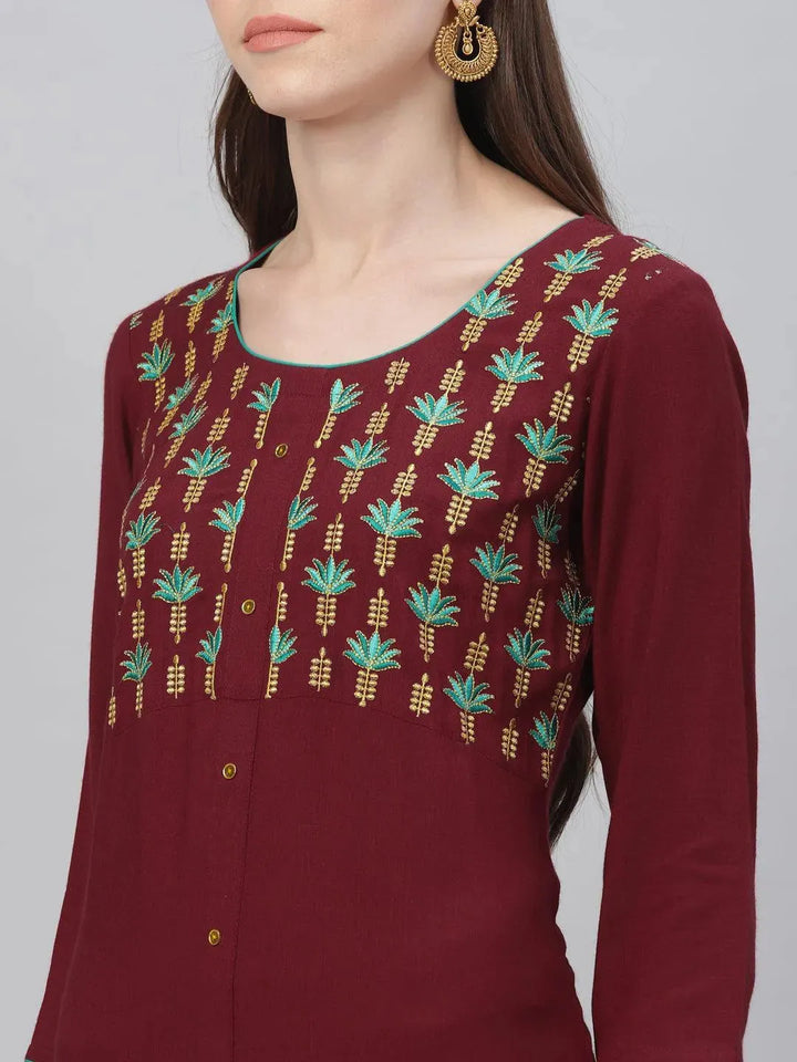 Maroon Embroidered Rayon Kurta Set - Libas