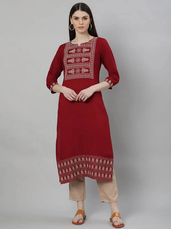 Maroon Embroidered Rayon Kurta Set - Libas