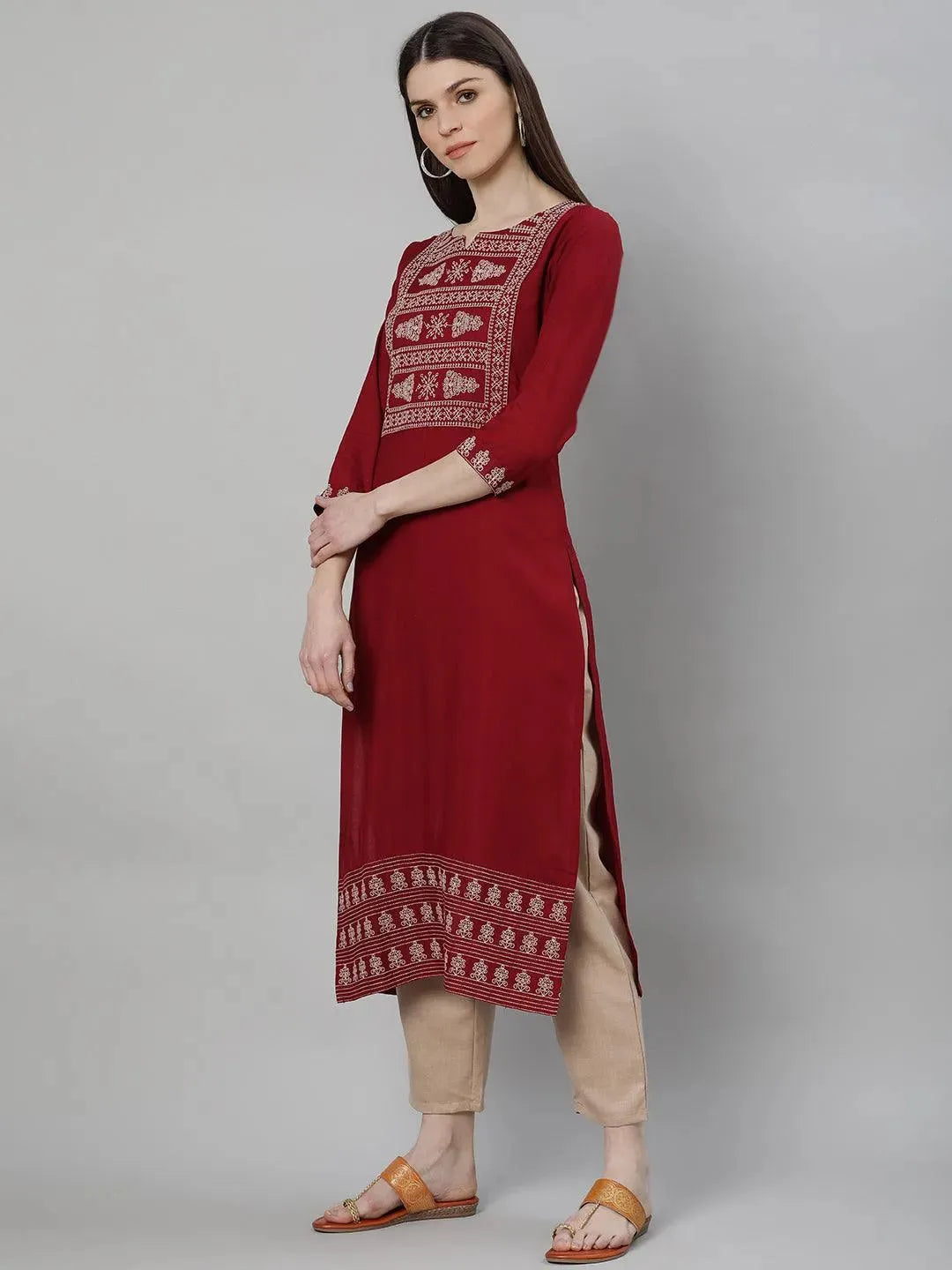 Maroon Embroidered Rayon Kurta Set - Libas 