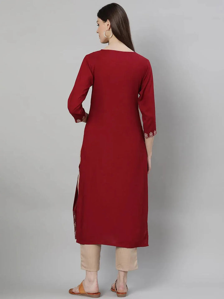 Maroon Embroidered Rayon Kurta Set - Libas