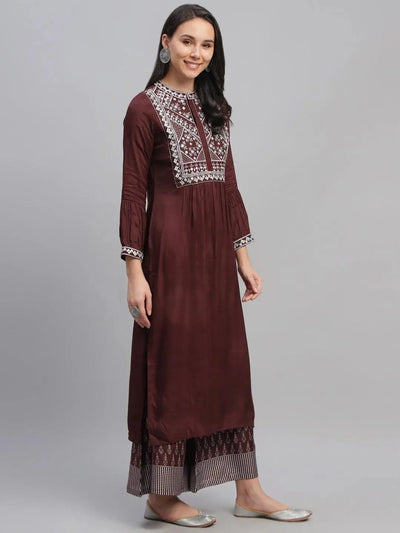 Maroon Embroidered Shantoon Kurta - Libas