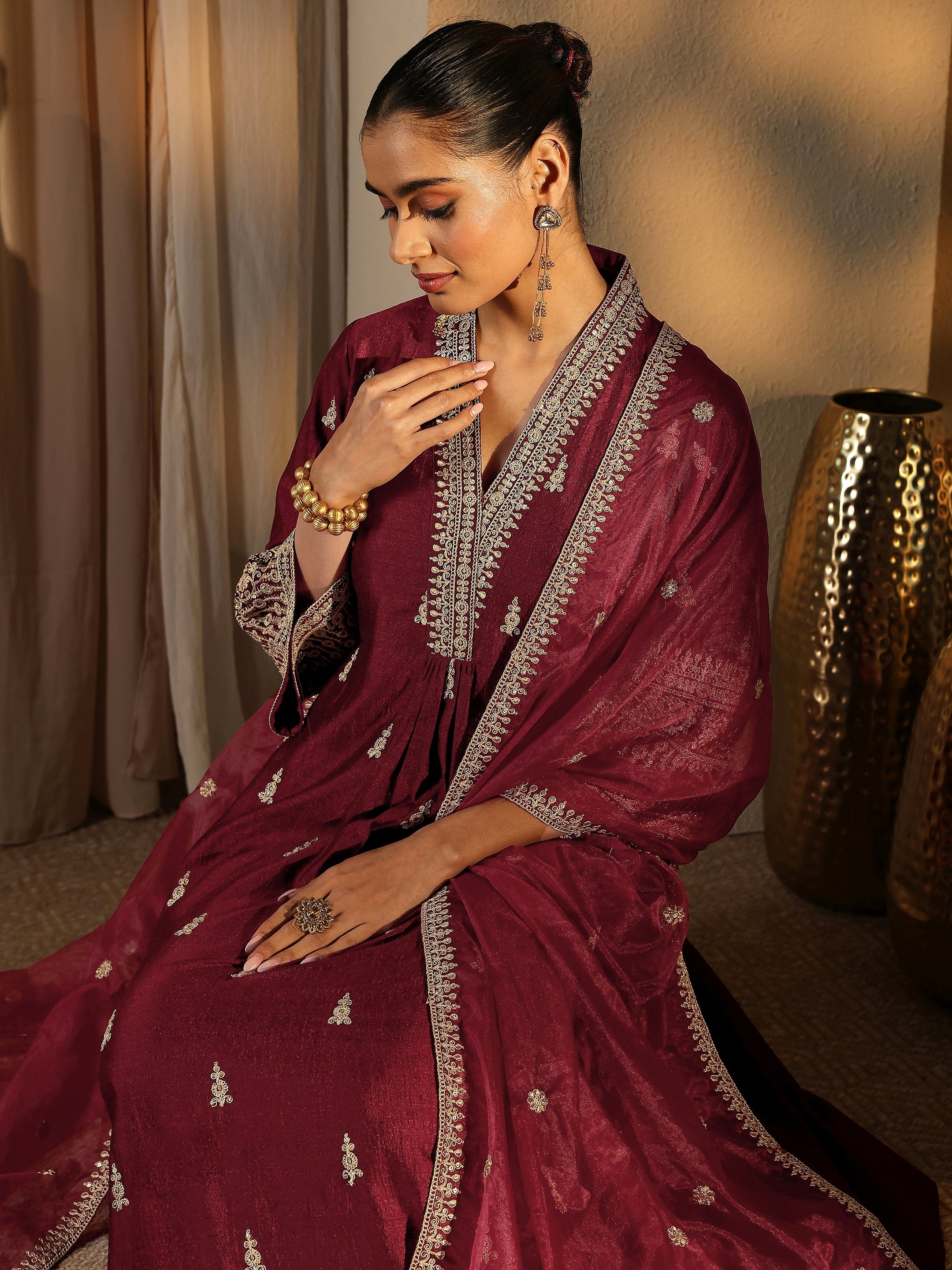 Maroon Embroidered Silk Blend A-Line Suit Set With Dupatta-image-27