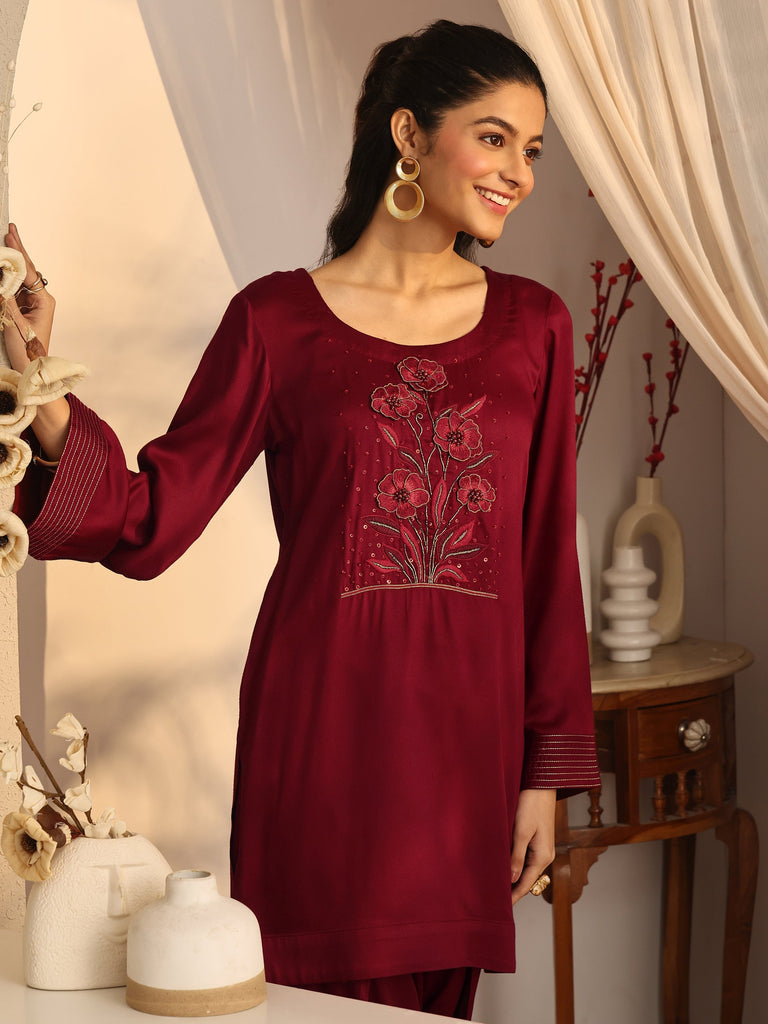 Libas Maroon Embroidered Silk Blend Co-Ord Sets