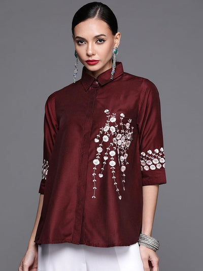 Maroon Embroidered Silk Blend Shirt - Libas