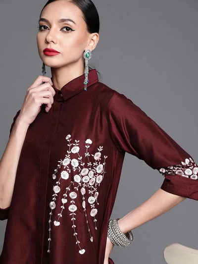 Maroon Embroidered Silk Blend Shirt - Libas