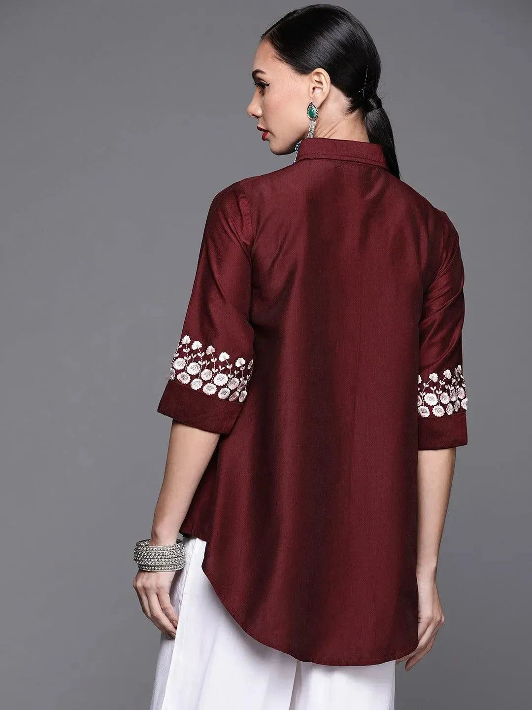 Maroon Embroidered Silk Blend Shirt - Libas