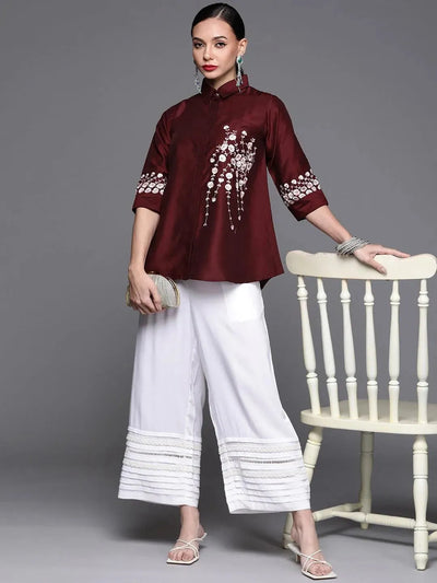 Maroon Embroidered Silk Blend Shirt - Libas