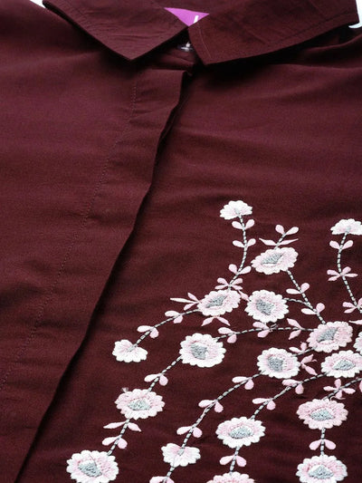 Maroon Embroidered Silk Blend Shirt - Libas