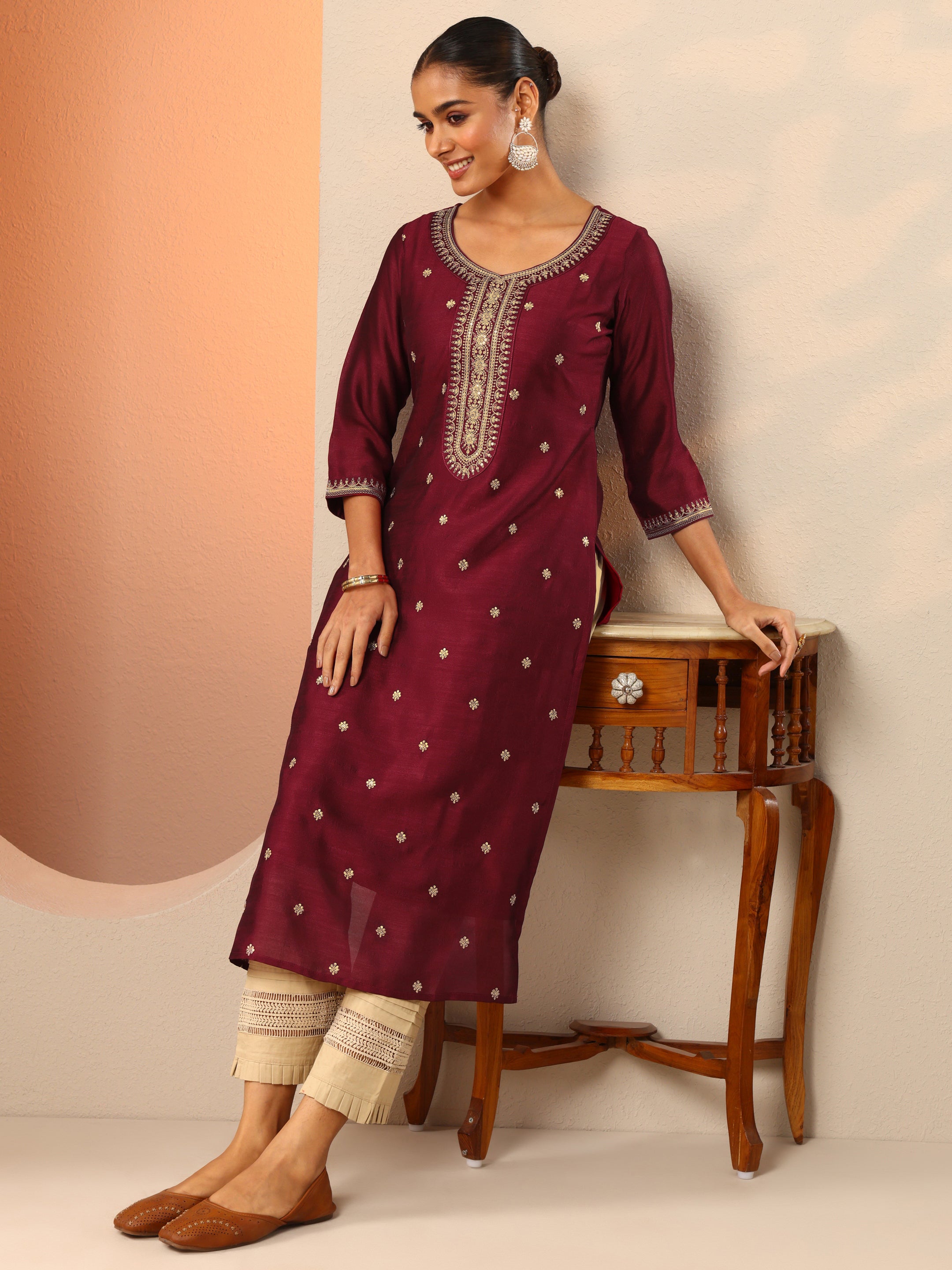 libas Maroon Embroidered Silk Blend Straight Kurta-picture-36