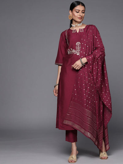 Maroon Embroidered Silk Blend Straight Suit Set - Libas