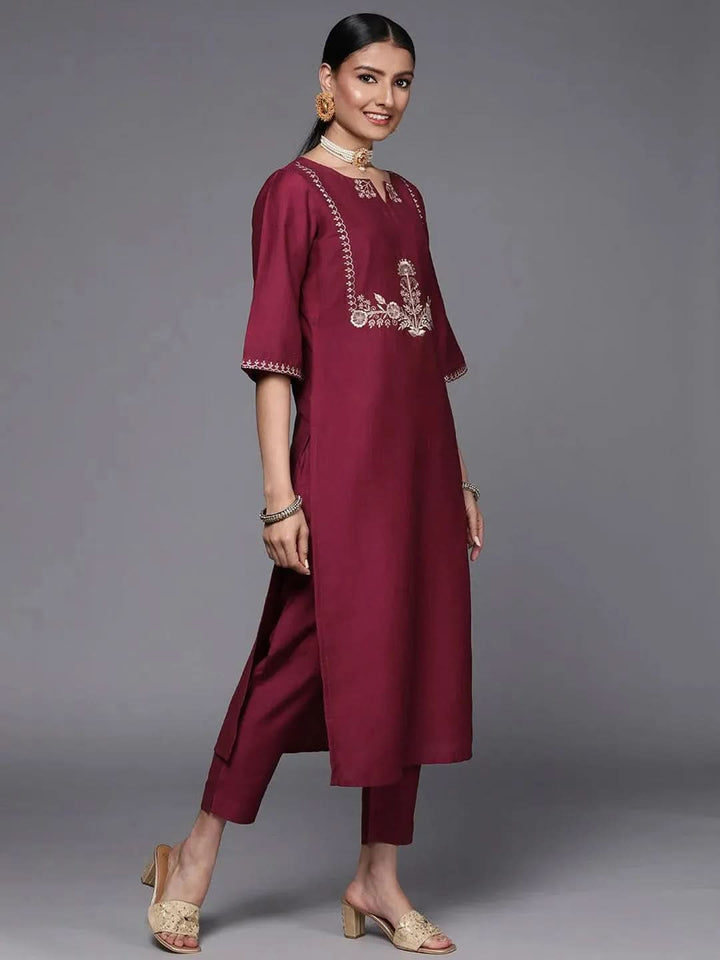 Maroon Embroidered Silk Blend Straight Suit Set - Libas