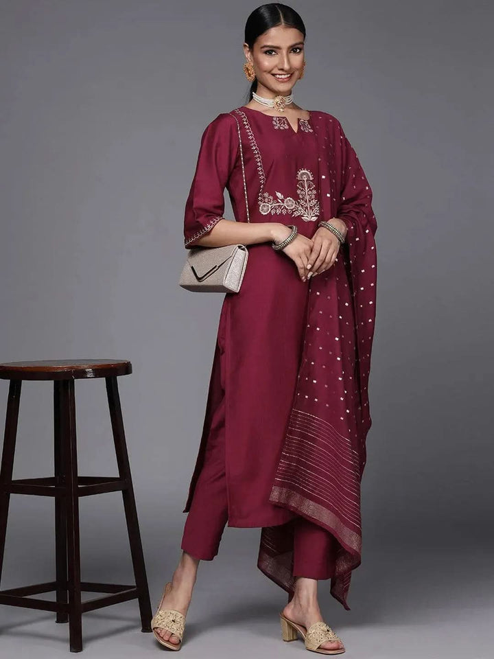 Maroon Embroidered Silk Blend Straight Suit Set - Libas