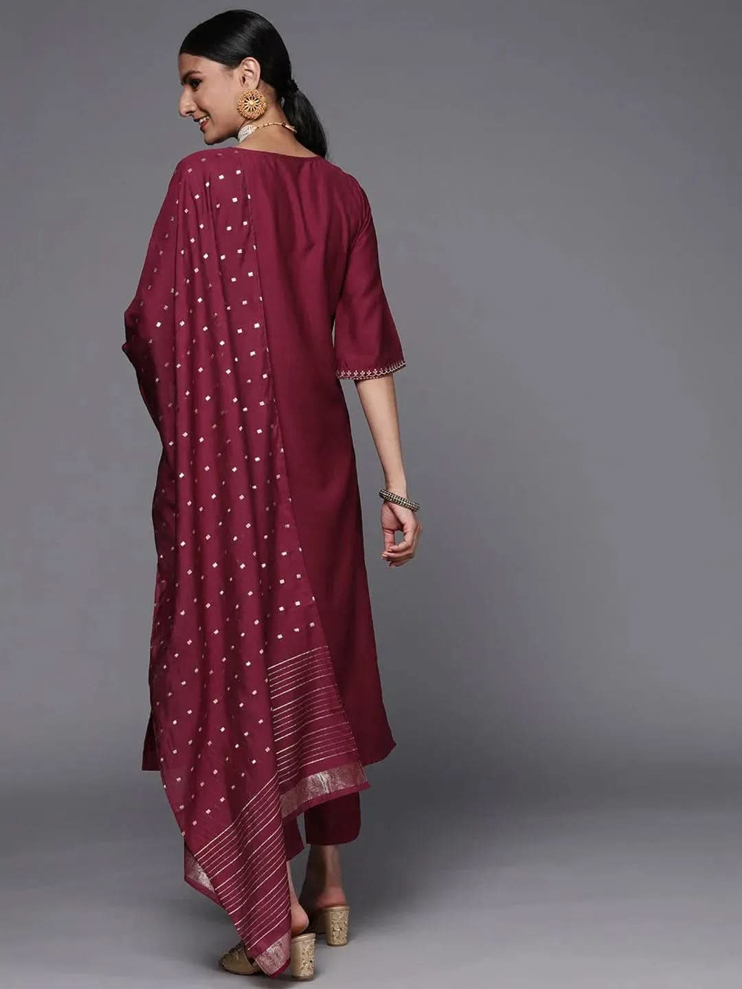 Maroon Embroidered Silk Blend Straight Suit Set - Libas 