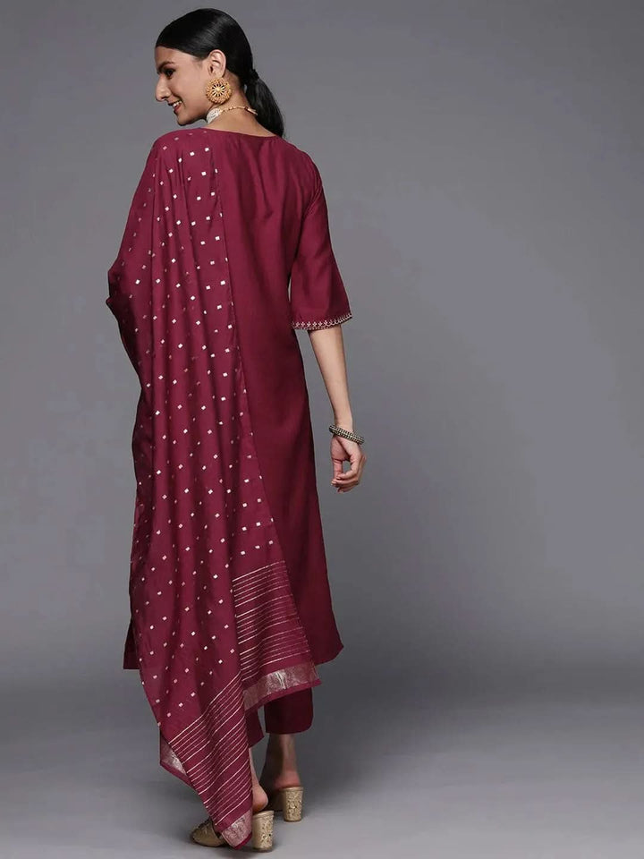 Maroon Embroidered Silk Blend Straight Suit Set - Libas