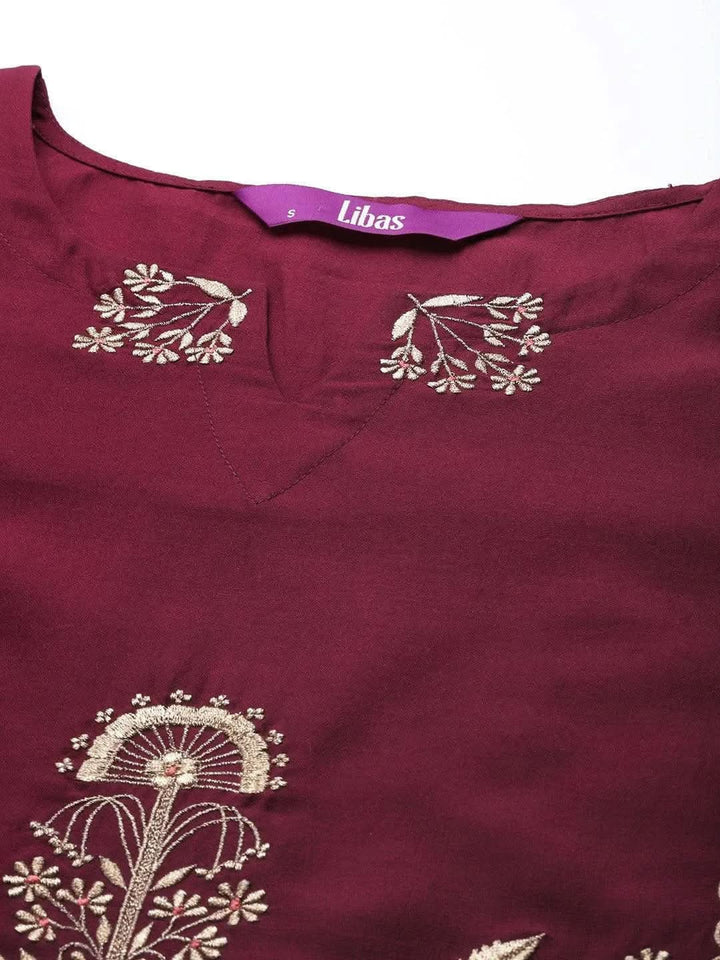 Maroon Embroidered Silk Blend Straight Suit Set - Libas