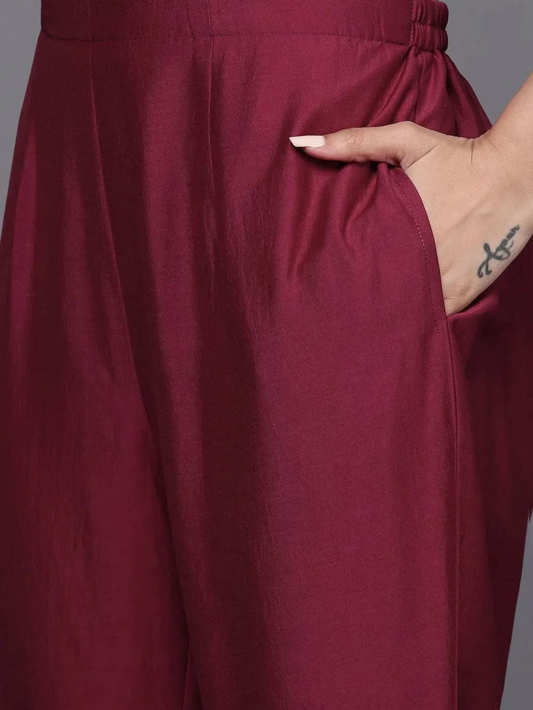Maroon Embroidered Silk Blend Straight Suit Set - Libas 