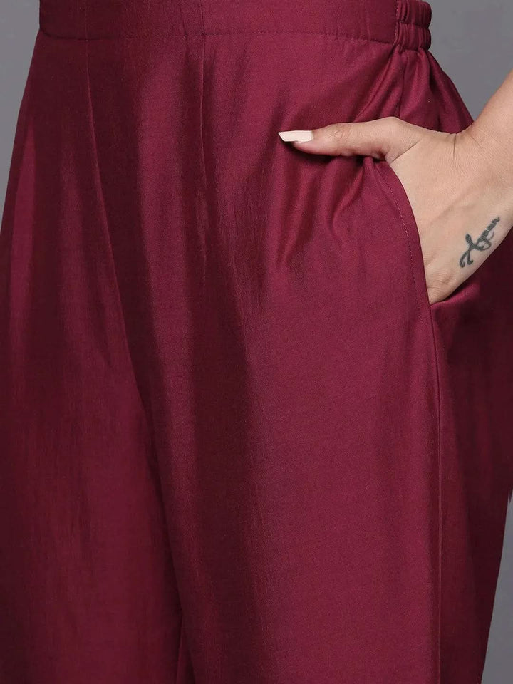 Maroon Embroidered Silk Blend Straight Suit Set - Libas