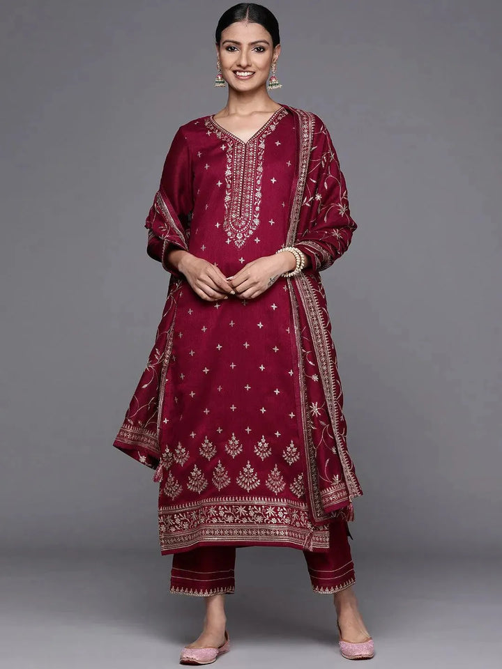 Maroon Embroidered Silk Blend Straight Suit Set - Libas