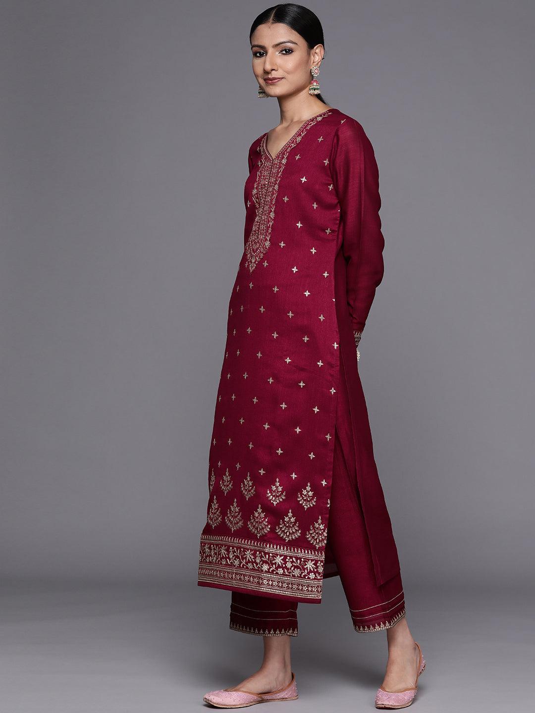 Maroon Embroidered Silk Blend Straight Suit Set - Libas