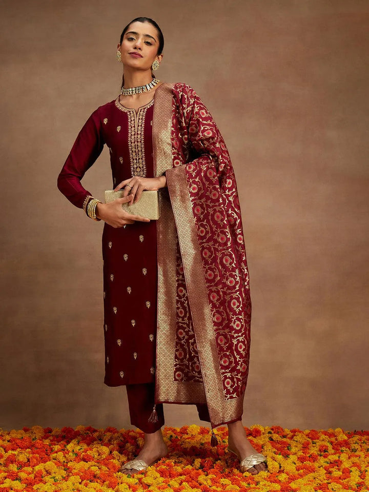 Maroon Embroidered Silk Blend Straight Kurta With Trousers & Dupatta - Libas