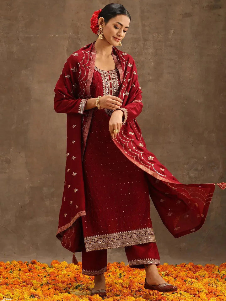 Maroon Embroidered Silk Blend Suit Set With Trousers - Libas