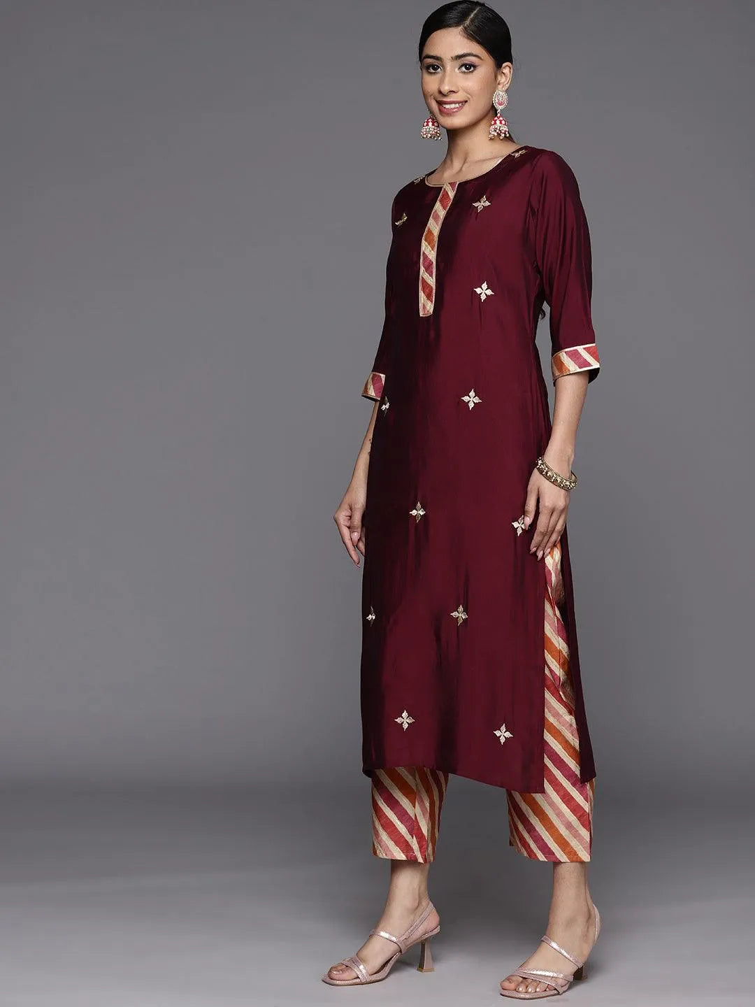 Maroon Embroidered Silk Blend Straight Suit Set With Trousers - Libas