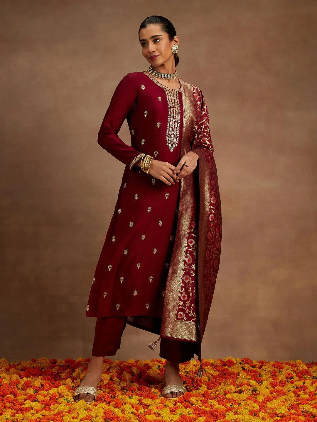 Maroon Embroidered Silk Blend Straight Kurta With Trousers & Dupatta - Libas