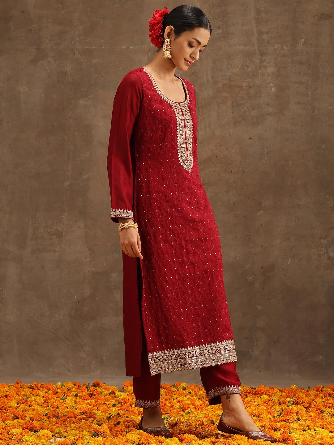 Maroon Embroidered Silk Blend Suit Set With Trousers - Libas