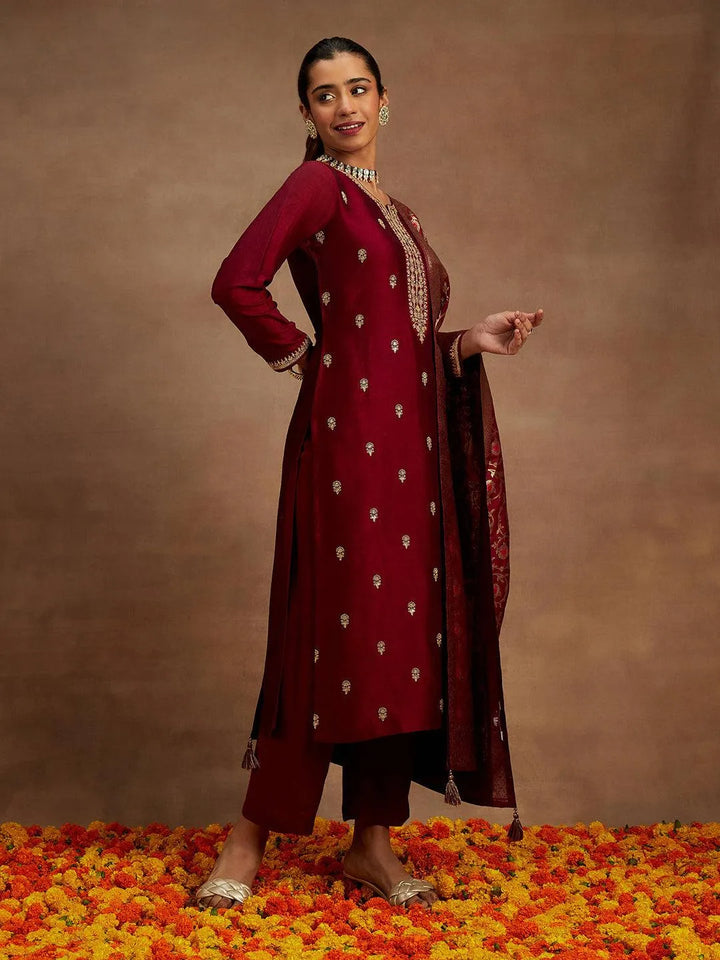 Maroon Embroidered Silk Blend Straight Kurta With Trousers & Dupatta - Libas