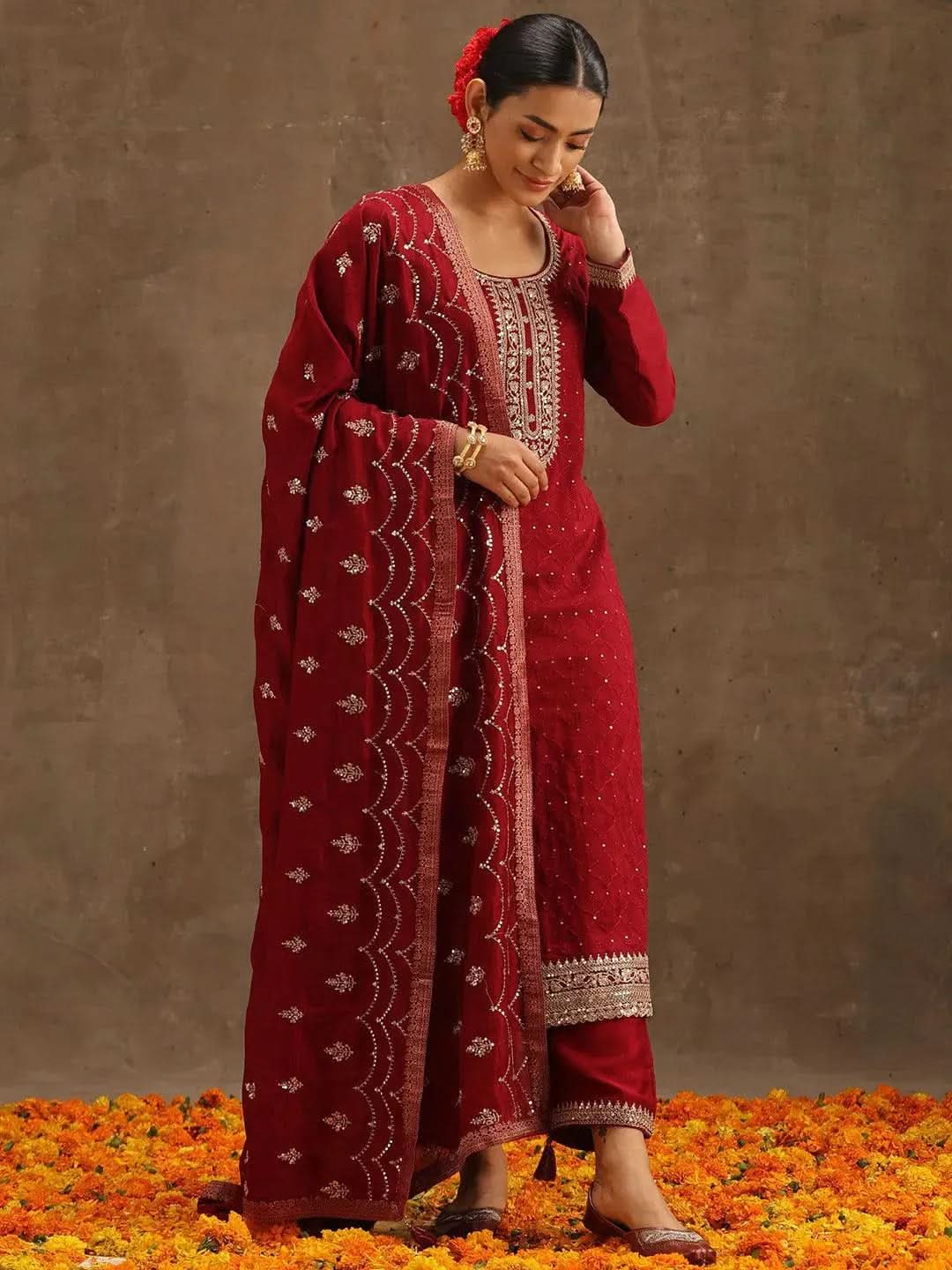 Buy Maroon Embroidered Silk Blend Straight Kurta With Trousers ...
