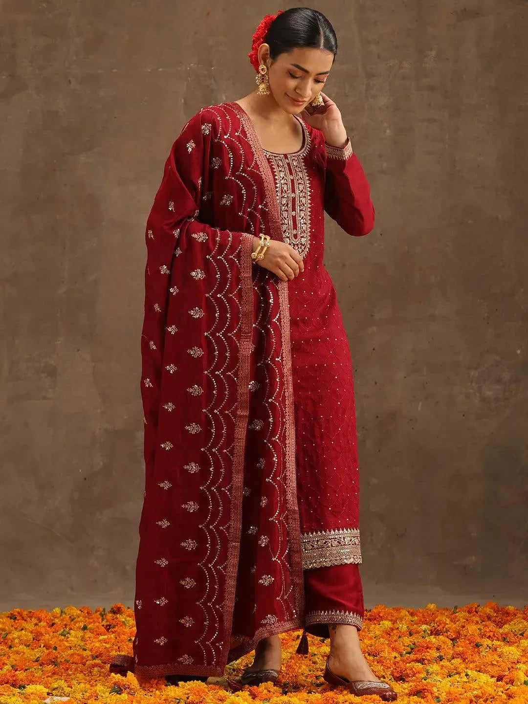 Maroon Embroidered Silk Blend Suit Set With Trousers - Libas 