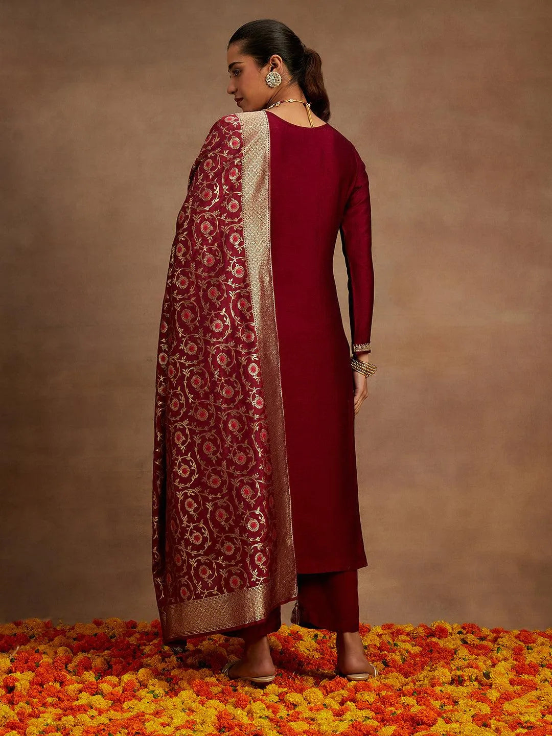 Maroon Embroidered Silk Blend Straight Kurta With Trousers & Dupatta - Libas