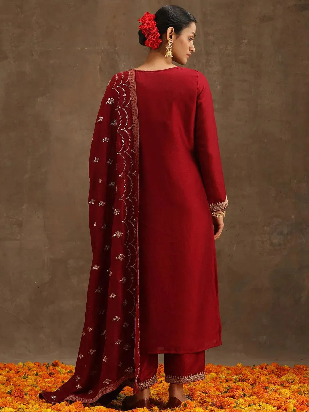 Maroon Embroidered Silk Blend Suit Set With Trousers - Libas 