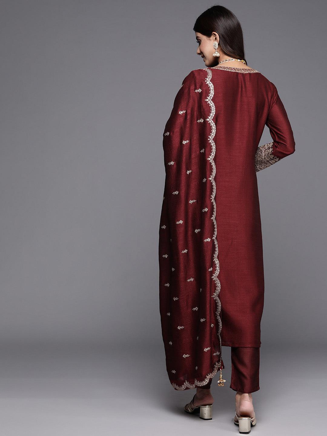 Maroon Embroidered Silk Blend Straight Kurta With Trousers & Dupatta - Libas