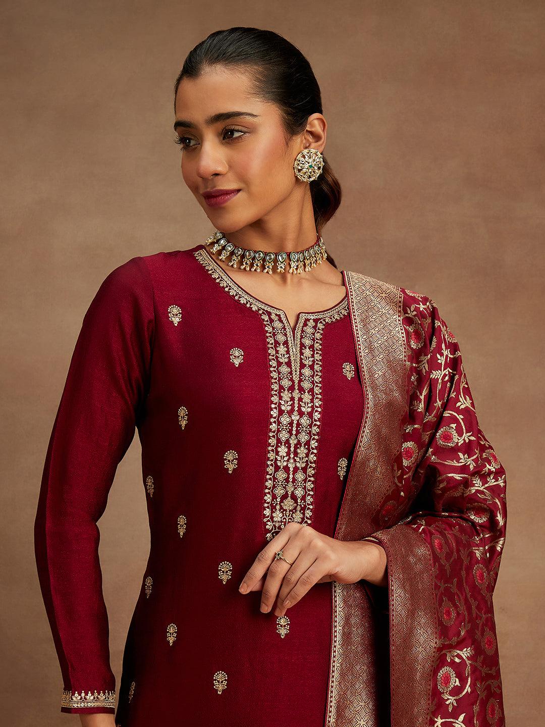 Maroon Embroidered Silk Blend Straight Suit With Dupatta