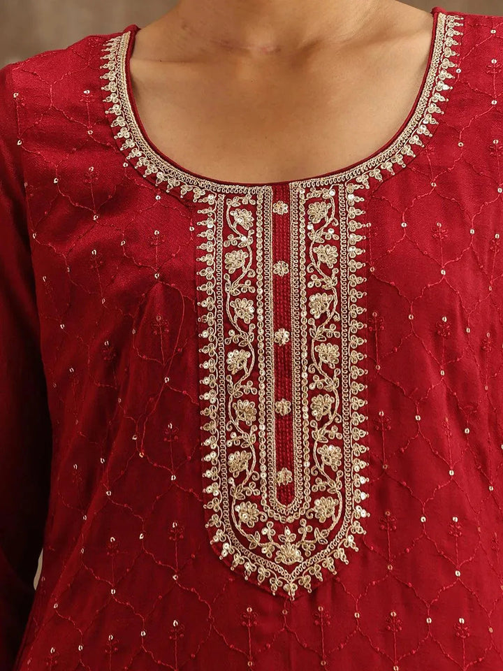 Maroon Embroidered Silk Blend Suit Set With Trousers - Libas