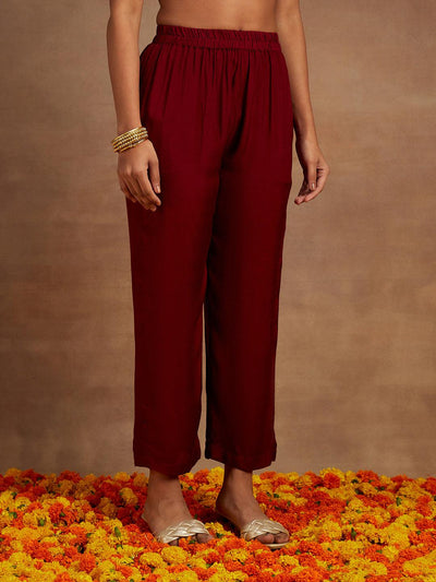 Maroon Embroidered Silk Blend Straight Kurta With Trousers & Dupatta - Libas