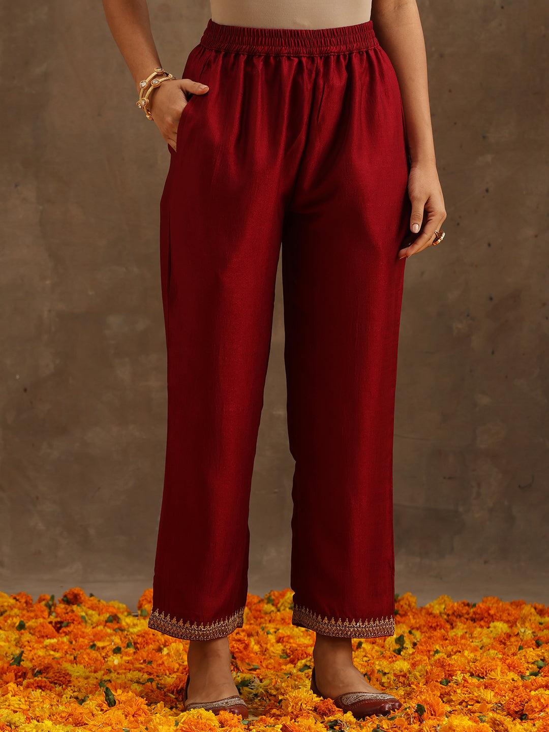 Maroon Embroidered Silk Blend Straight Kurta With Trousers & Dupatta