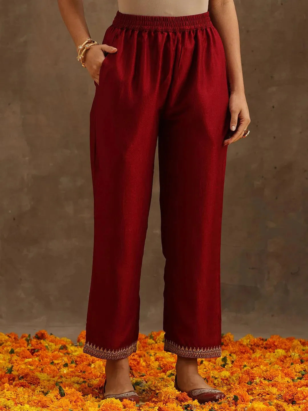 Maroon Embroidered Silk Blend Suit Set With Trousers - Libas 