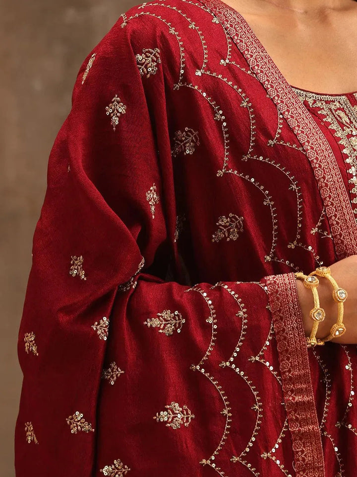 Maroon Embroidered Silk Blend Suit Set With Trousers - Libas