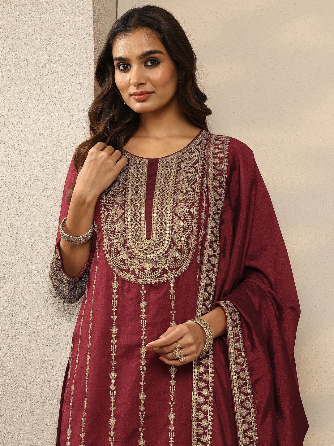 Maroon Embroidered Silk Blend Straight Suit Set With Dupatta