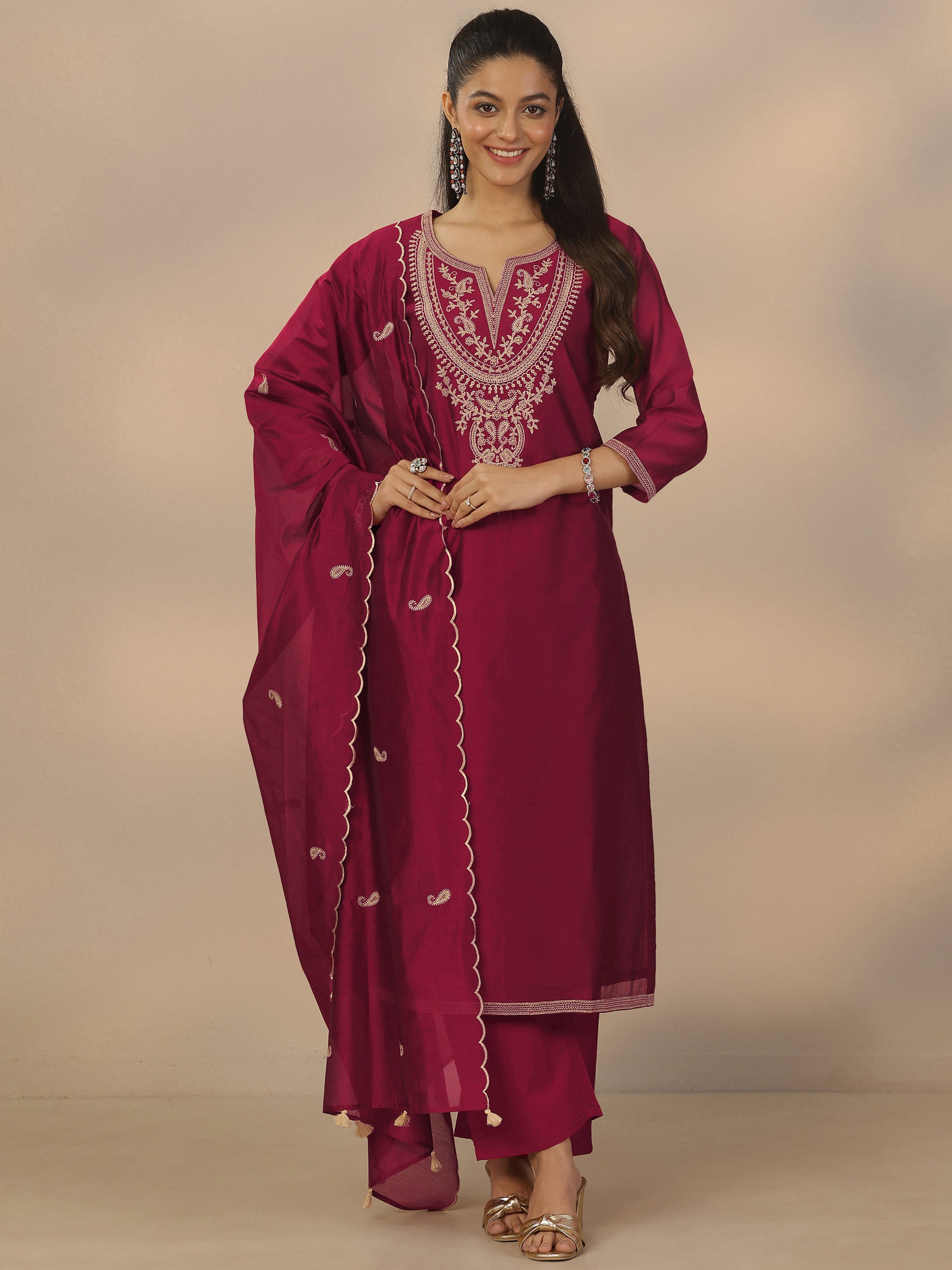 Maroon Embroidered Silk Blend Straight Suit Set With Dupatta-image-21