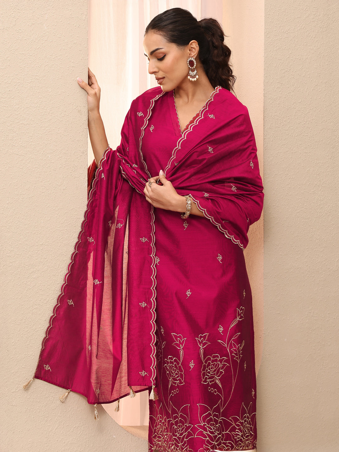 Maroon Embroidered Silk Blend Straight Suit Set With Dupatta
